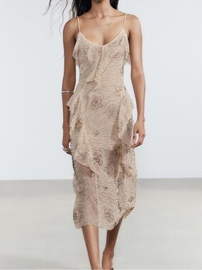 ZARA Beige Mesh Sequin Midi Dress with Ruffles | M